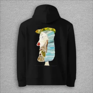 Unisex, essential eco hoodie, colour black, back design aquarelle painting by Marijke Ali, t-fins