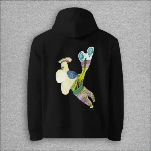 Unisex, essential eco hoodie, colour black, back design aquarelle painting by Marijke Ali, t-fins