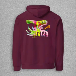 Unisex, eco raglan hoodie, colour burgundy, back design aquarelle painting by Marijke Ali, t-fins