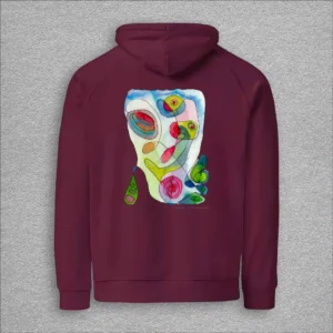 Unisex, eco raglan hoodie, colour burgundy, back design aquarelle painting by Marijke Ali, t-fins