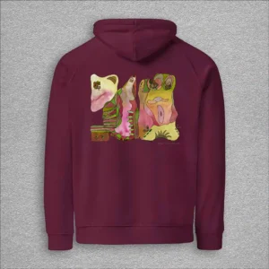 Unisex, eco raglan hoodie, colour burgundy, back design aquarelle painting by Marijke Ali, t-fins