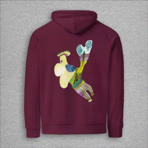 Unisex, eco raglan hoodie, colour burgundy, back design aquarelle painting by Marijke Ali, t-fins