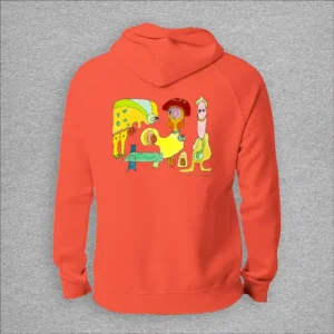 Unisex, eco raglan hoodie, colour burnt orange, back design aquarelle painting by Marijke Ali, t-fins