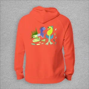 Unisex, eco raglan hoodie, colour burnt orange, back design aquarelle painting by Marijke Ali, t-fins