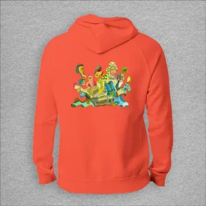 Unisex, eco raglan hoodie, colour burnt orange, back design aquarelle painting by Marijke Ali, t-fins