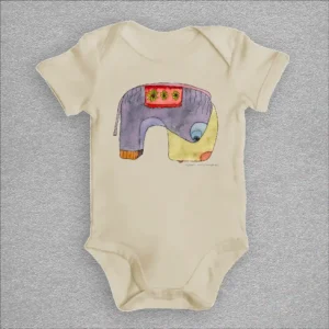 Organic cotton baby bodysuit, colour organic natural, front design aquarelle painting by Marijke Ali, t-fins