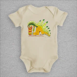 From our apparel collection a natural organic cotton baby bodysuit, front design by Marijke Ali