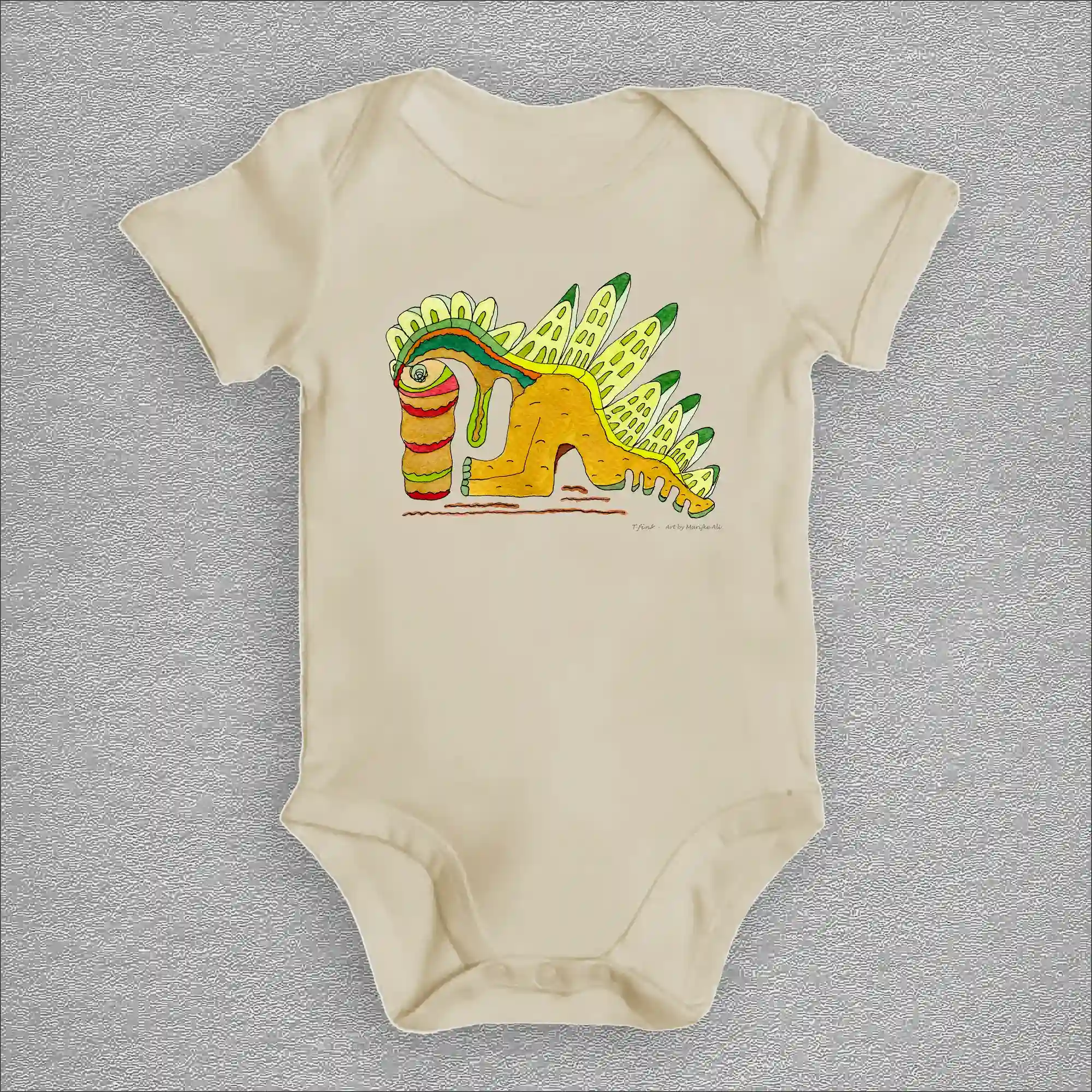 From our apparel collection a natural organic cotton baby bodysuit, front design by Marijke Ali