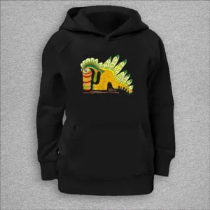 kids organic hoodie, outside 100% organic cotton, inside 80% organic cotton and 20% recycled polyester, font pouch pocket, raglan sleeves, colour black, 4 years old, front design aquarelle painting by Marijke Ali, t-fins