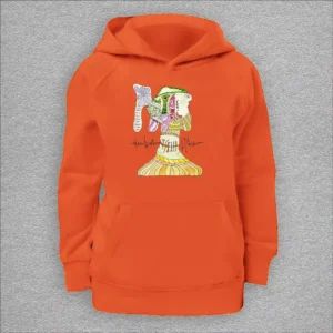 kids organic hoodie, outside 100% organic cotton, inside 80% organic cotton and 20% recycled polyester, font pouch pocket, raglan sleeves, colour burnt orange, 12 years old, front design aquarelle painting by Marijke Ali, t-fins