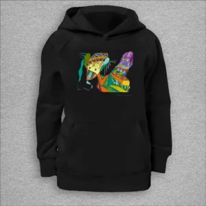 kids organic hoodie, outside 100% organic cotton, inside 80% organic cotton and 20% recycled polyester, font pouch pocket, raglan sleeves, colour black, 10 years old, front design aquarelle painting by Marijke Ali, t-fins