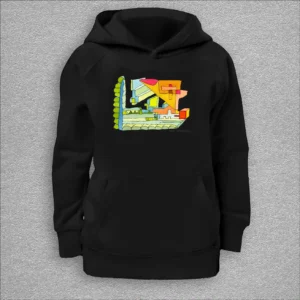 kids organic hoodie, outside 100% organic cotton, inside 80% organic cotton and 20% recycled polyester, font pouch pocket, raglan sleeves, colour black, 8 years old, front design aquarelle painting by Marijke Ali, t-fins