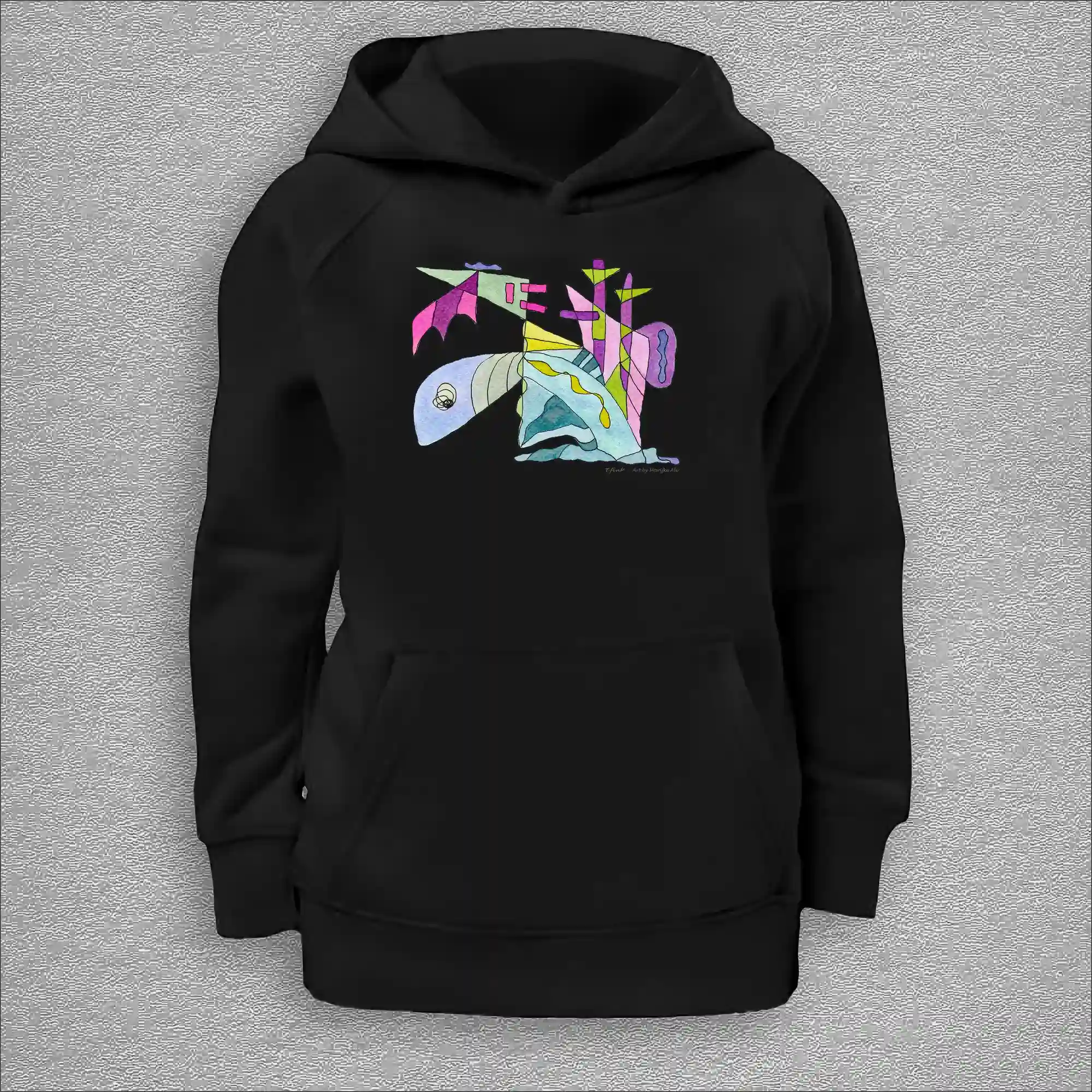 kids organic hoodie, outside 100% organic cotton, inside 80% organic cotton and 20% recycled polyester, font pouch pocket, raglan sleeves, colour black, 8 years old, front design aquarelle painting by Marijke Ali, t-fins