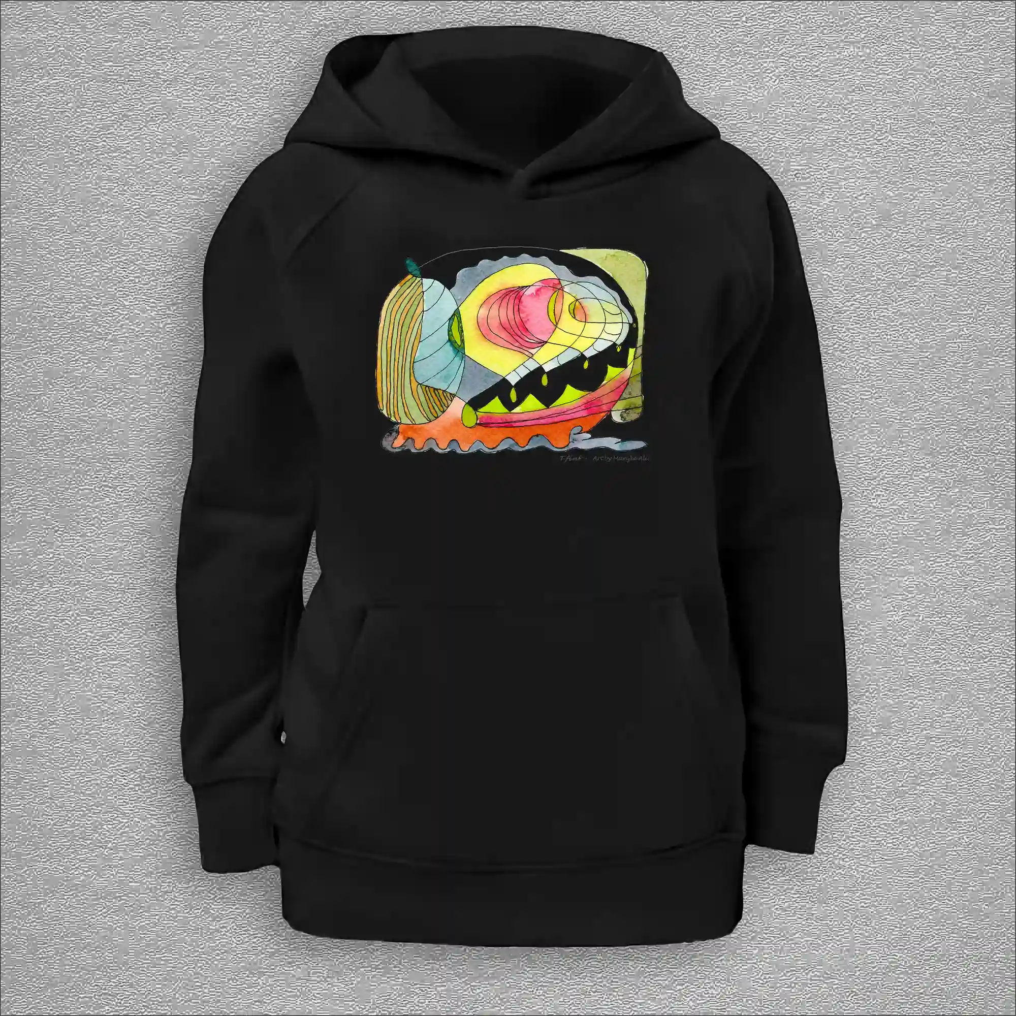 kids organic hoodie, outside 100% organic cotton, inside 80% organic cotton and 20% recycled polyester, font pouch pocket, raglan sleeves, colour black, 8 years old, front design aquarelle painting by Marijke Ali, t-fins