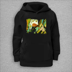 kids organic hoodie, outside 100% organic cotton, inside 80% organic cotton and 20% recycled polyester, font pouch pocket, raglan sleeves, colour black, 6 years old, front design aquarelle painting by Marijke Ali, t-fins