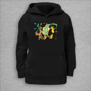 kids organic hoodie, outside 100% organic cotton, inside 80% organic cotton and 20% recycled polyester, font pouch pocket, raglan sleeves, colour black, 6 years old, front design aquarelle painting by Marijke Ali, t-fins