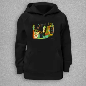 kids organic hoodie, outside 100% organic cotton, inside 80% organic cotton and 20% recycled polyester, font pouch pocket, raglan sleeves, colour black, 6 years old, front design aquarelle painting by Marijke Ali, t-fins