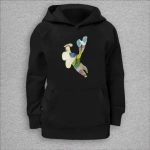 kids organic hoodie, outside 100% organic cotton, inside 80% organic cotton and 20% recycled polyester, font pouch pocket, raglan sleeves, colour black, 12 years old, front design aquarelle painting by Marijke Ali, t-fins