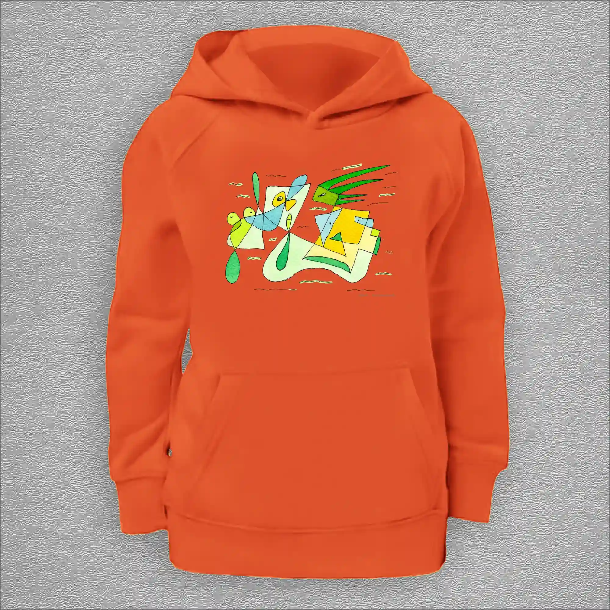 kids organic hoodie, outside 100% organic cotton, inside 80% organic cotton and 20% recycled polyester, font pouch pocket, raglan sleeves, colour burnt orange, 10 years old, front design aquarelle painting by Marijke Ali, t-fins