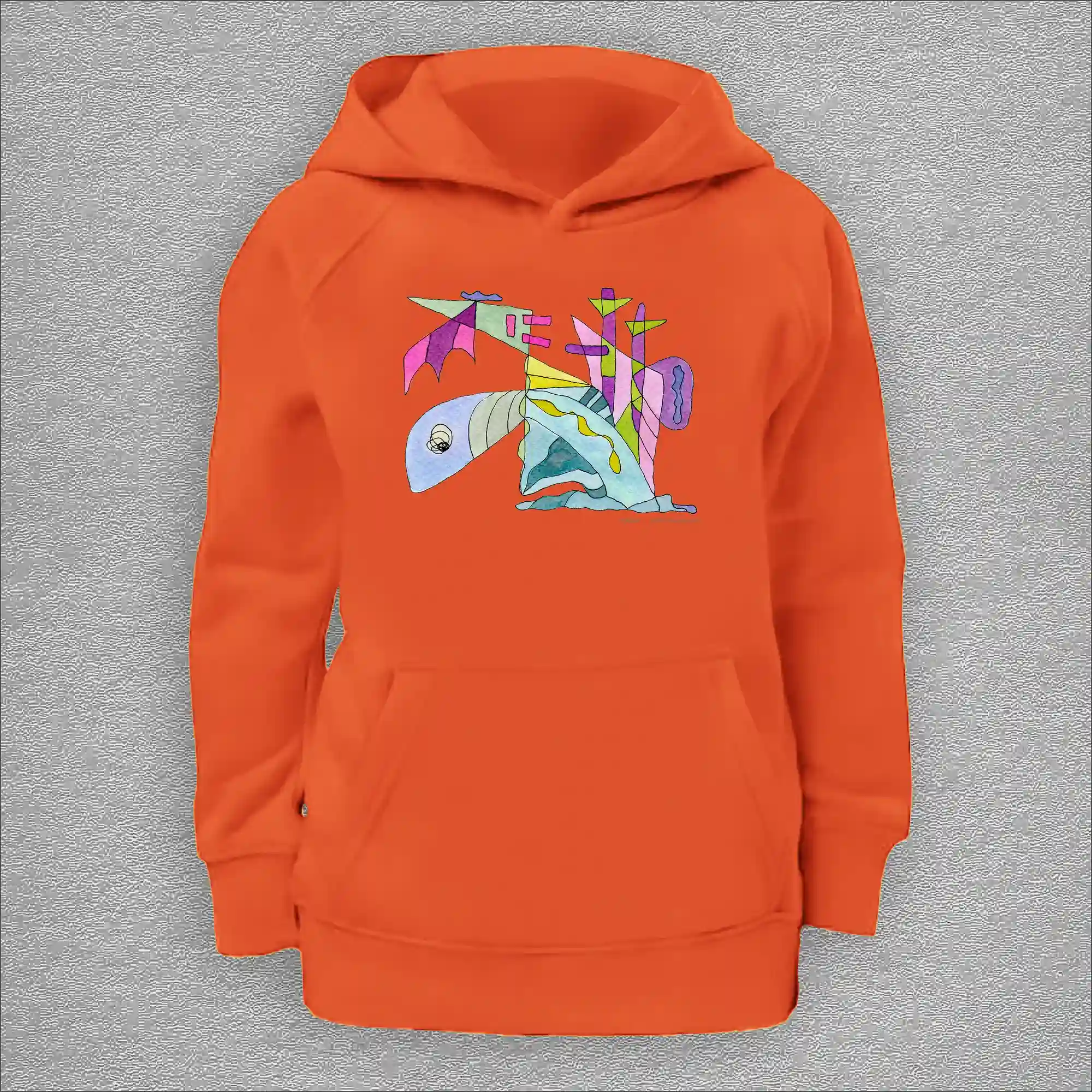 kids organic hoodie, outside 100% organic cotton, inside 80% organic cotton and 20% recycled polyester, font pouch pocket, raglan sleeves, colour burnt orange, 8 years old, front design aquarelle painting by Marijke Ali, t-fins