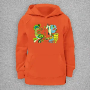 kids organic hoodie, outside 100% organic cotton, inside 80% organic cotton and 20% recycled polyester, font pouch pocket, raglan sleeves, colour burnt orange, 10 years old, front design aquarelle painting by Marijke Ali, t-fins