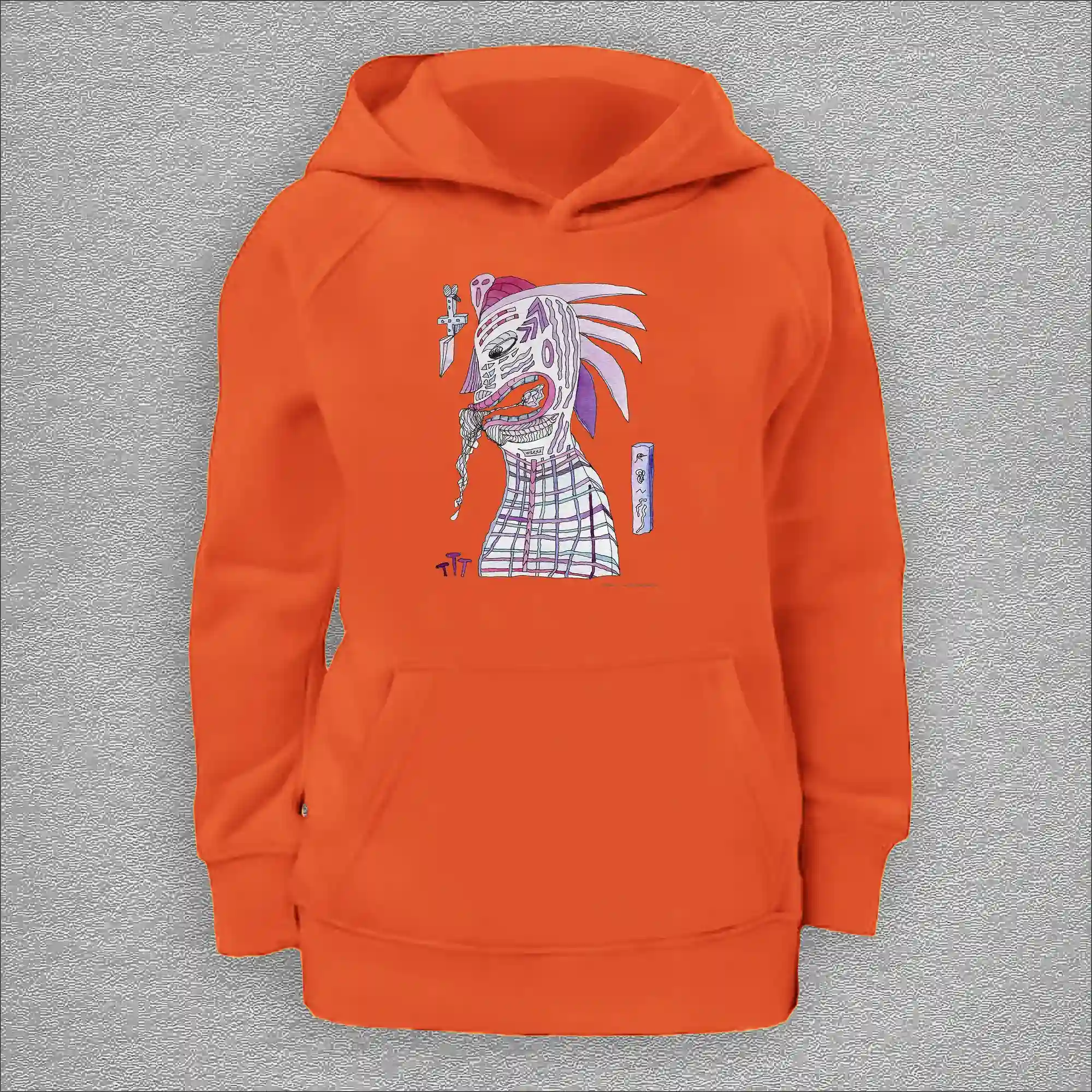 kids organic hoodie, outside 100% organic cotton, inside 80% organic cotton and 20% recycled polyester, font pouch pocket, raglan sleeves, colour burnt orange, 12 years old, front design aquarelle painting by Marijke Ali, t-fins