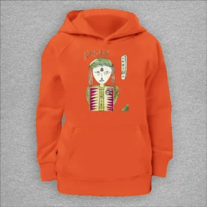 kids organic hoodie, outside 100% organic cotton, inside 80% organic cotton and 20% recycled polyester, font pouch pocket, raglan sleeves, colour burnt orange, 12 years old, front design aquarelle painting by Marijke Ali, t-fins