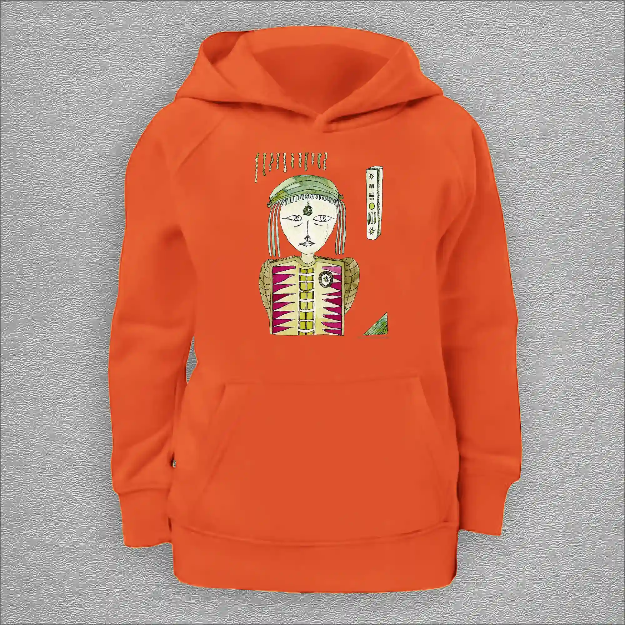 kids organic hoodie, outside 100% organic cotton, inside 80% organic cotton and 20% recycled polyester, font pouch pocket, raglan sleeves, colour burnt orange, 12 years old, front design aquarelle painting by Marijke Ali, t-fins