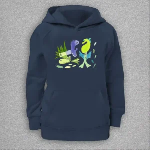 kids organic hoodie, outside 100% organic cotton, inside 80% organic cotton and 20% recycled polyester, font pouch pocket, raglan sleeves, colour french navy, 8 years old, front design aquarelle painting by Marijke Ali, t-fins