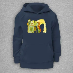 kids organic hoodie, outside 100% organic cotton, inside 80% organic cotton and 20% recycled polyester, font pouch pocket, raglan sleeves, colour french navy, 8 years old, front design aquarelle painting by Marijke Ali, t-fins