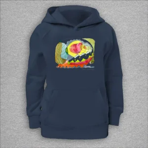 kids organic hoodie, outside 100% organic cotton, inside 80% organic cotton and 20% recycled polyester, font pouch pocket, raglan sleeves, colour french navy, 8 years old, front design aquarelle painting by Marijke Ali, t-fins