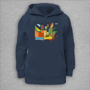 kids organic hoodie, outside 100% organic cotton, inside 80% organic cotton and 20% recycled polyester, font pouch pocket, raglan sleeves, colour french navy, 8 years old, front design aquarelle painting by Marijke Ali, t-fins