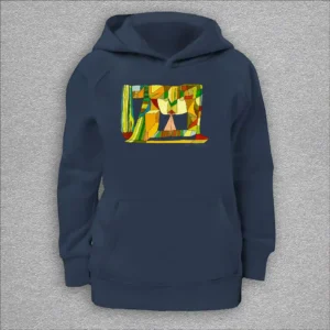 kids organic hoodie, outside 100% organic cotton, inside 80% organic cotton and 20% recycled polyester, font pouch pocket, raglan sleeves, colour french navy, 10 years old, front design aquarelle painting by Marijke Ali, t-fins