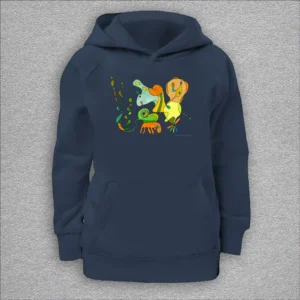 kids organic hoodie, outside 100% organic cotton, inside 80% organic cotton and 20% recycled polyester, font pouch pocket, raglan sleeves, colour french navy, 6 years old, front design aquarelle painting by Marijke Ali, t-fins