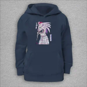 kids organic hoodie, outside 100% organic cotton, inside 80% organic cotton and 20% recycled polyester, font pouch pocket, raglan sleeves, colour french navy, 12 years old, front design aquarelle painting by Marijke Ali, t-fins