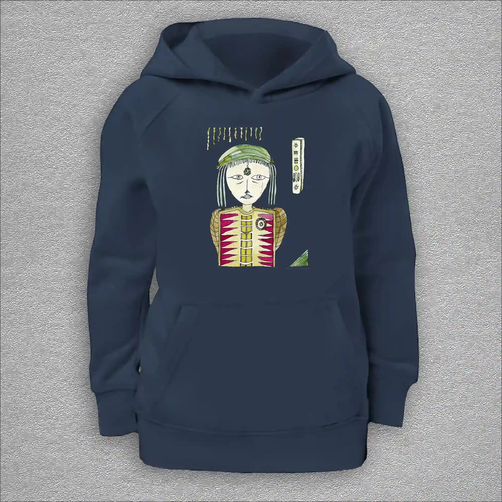 kids organic hoodie, outside 100% organic cotton, inside 80% organic cotton and 20% recycled polyester, font pouch pocket, raglan sleeves, colour french navy, 12 years old, front design aquarelle painting by Marijke Ali, t-fins