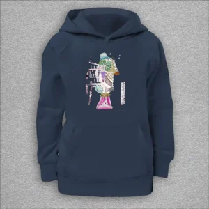 kids organic hoodie, outside 100% organic cotton, inside 80% organic cotton and 20% recycled polyester, font pouch pocket, raglan sleeves, colour french navy, 12 years old, front design aquarelle painting by Marijke Ali, t-fins