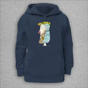 kids organic hoodie, outside 100% organic cotton, inside 80% organic cotton and 20% recycled polyester, font pouch pocket, raglan sleeves, colour french navy, 12 years old, front design aquarelle painting by Marijke Ali, t-fins
