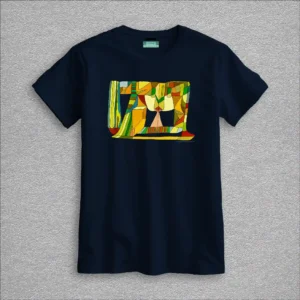 organic cotton kids t-shirt, colour black, 7 to 8 years old, front design aquarelle painting by Marijke Ali, t-fins