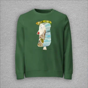 Unisex, organic cotton and recycled polyester sweatshirt, set-in sleeves, french terry knit, colour bottle green, front design aquarelle painting by Marijke Ali, t-fins
