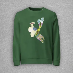 Unisex, organic cotton and recycled polyester sweatshirt, set-in sleeves, french terry knit, colour bottle green, front design aquarelle painting by Marijke Ali, t-fins