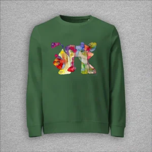 Unisex, organic cotton and recycled polyester sweatshirt, set-in sleeves, french terry knit, colour bottle green, front design aquarelle painting by Marijke Ali, t-fins