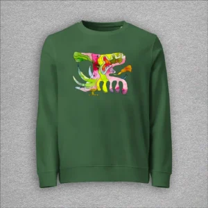 Unisex, organic cotton and recycled polyester sweatshirt, set-in sleeves, french terry knit, colour bottle green, front design aquarelle painting by Marijke Ali, t-fins