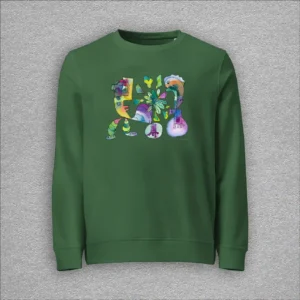 Unisex, organic cotton and recycled polyester sweatshirt, set-in sleeves, french terry knit, colour bottle green, front design aquarelle painting by Marijke Ali, t-fins