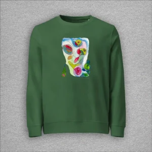 Unisex, organic cotton and recycled polyester sweatshirt, set-in sleeves, french terry knit, colour bottle green, front design aquarelle painting by Marijke Ali, t-fins