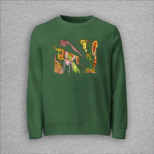 Unisex, organic cotton and recycled polyester sweatshirt, set-in sleeves, french terry knit, colour bottle green, front design aquarelle painting by Marijke Ali, t-fins
