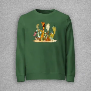 Unisex, organic cotton and recycled polyester sweatshirt, set-in sleeves, french terry knit, colour bottle green, front design aquarelle painting by Marijke Ali, t-fins