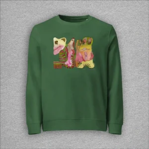 Unisex, organic cotton and recycled polyester sweatshirt, set-in sleeves, french terry knit, colour bottle green, front design aquarelle painting by Marijke Ali, t-fins