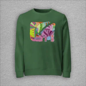 Unisex, organic cotton and recycled polyester sweatshirt, set-in sleeves, french terry knit, colour bottle green, front design aquarelle painting by Marijke Ali, t-fins