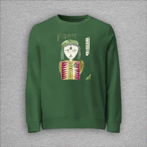 Unisex, organic cotton and recycled polyester sweatshirt, set-in sleeves, french terry knit, colour bottle green, front design aquarelle painting by Marijke Ali, t-fins